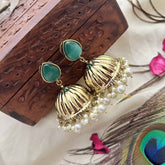 Vriksham Teardrop Green With Golden Dome & White Pearls Jhumka-G20122